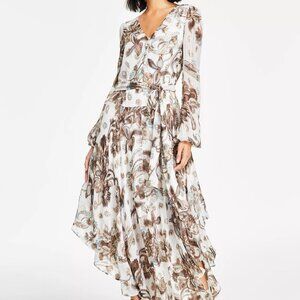 Vince Camuto Women's Printed V-Neck Long-Sleeve Maxi Dress, Birch Print,L, $129